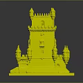 Historic Teal Castle Tower Architecture With Spired Turrets Arched Windows And Stone Platform