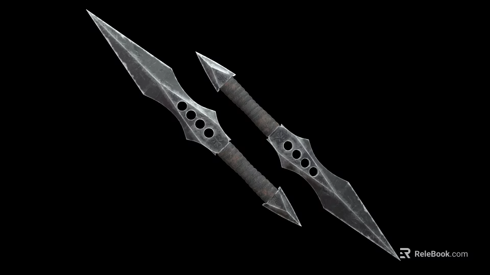 Two Metal Daggers Featuring Hole Design And Wrapped Handle Sharp Blade 3d model 