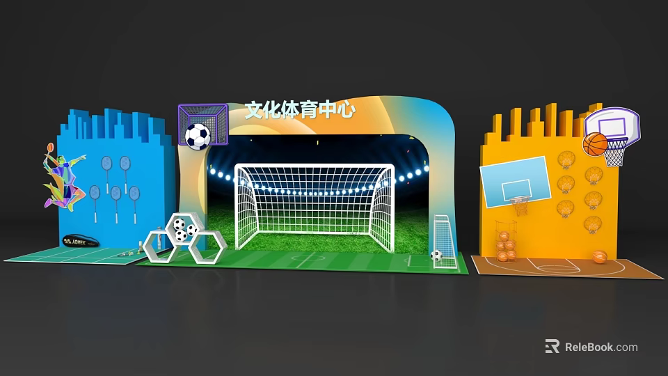 Cultural Sports Center Photo Spot With Football Field Goalpost And Basketball Hoop 3d model 