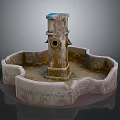 Aged Stone Fountain With Central Column And Petal Shaped Basin Blue Top