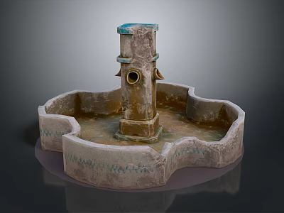 Aged Stone Fountain With Central Column And Petal Shaped Basin Blue Top 3d model