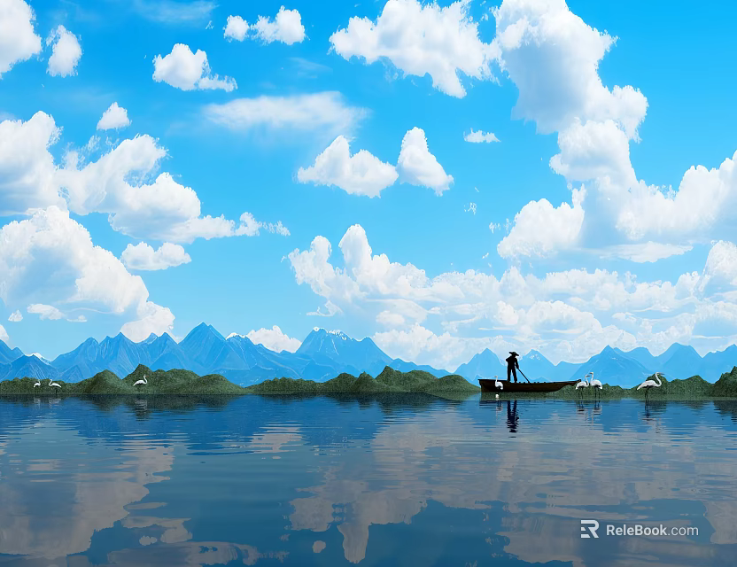 Tranquil Landscape With Blue Sky White Clouds Mountain Reflections Man In Boat On Calm Water 3d model 