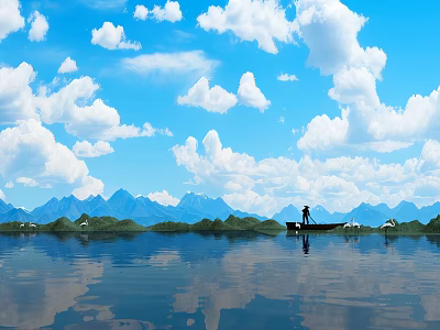Tranquil Landscape With Blue Sky White Clouds Mountain Reflections Man In Boat On Calm Water 3d model
