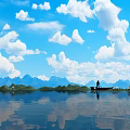 Tranquil Landscape With Blue Sky White Clouds Mountain Reflections Man In Boat On Calm Water