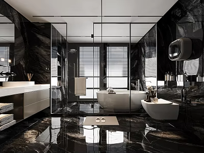 Modern Bathroom Interior With Black Marble Bathtub Shower Area And Vanity 3d model