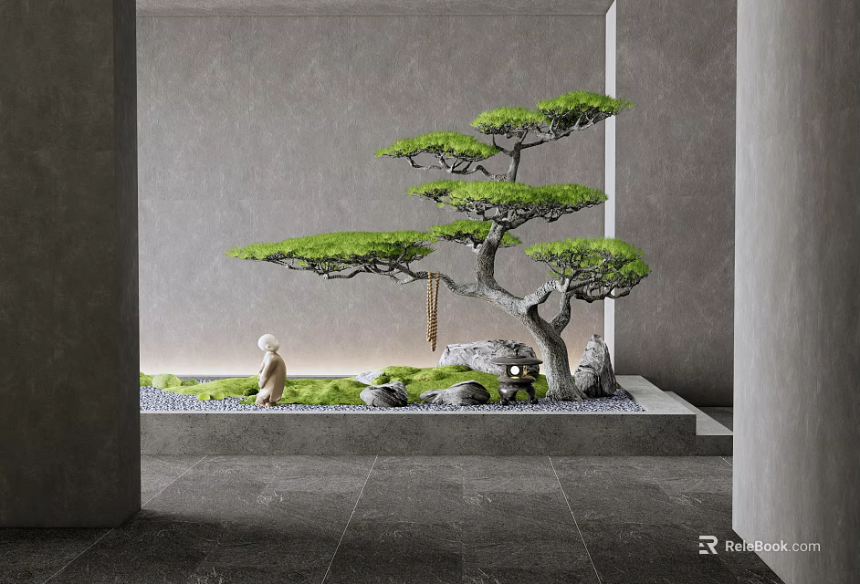 Modern Interior Mini Garden Decor with Bonsai Pine Tree Small Stone Statue Moss and Stones 3d model 
