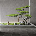 Modern Interior Mini Garden Decor with Bonsai Pine Tree Small Stone Statue Moss and Stones