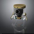 Small Robot With Yellow Top White Body Black Camera Lens Mechanical Legs And Blue Accents