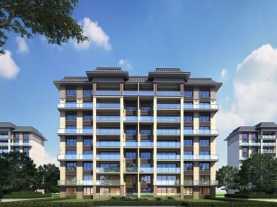 Modern Residential Building with Balconies Surrounded by Greenery Trees and Clear Sky with White Clouds 3d model