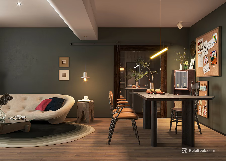 Cozy Living and Dining Area Interior Design with Dark Green Walls Round Rug and Pendant Lights 3d model 