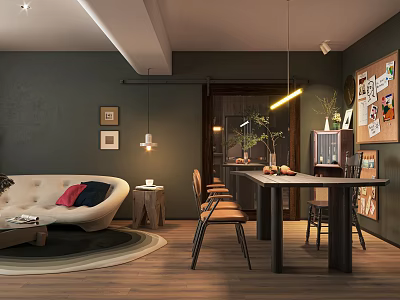 Cozy Living and Dining Area Interior Design with Dark Green Walls Round Rug and Pendant Lights 3d model