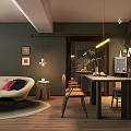 Cozy Living and Dining Area Interior Design with Dark Green Walls Round Rug and Pendant Lights