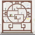 Traditional Chinese Bogu Shelf With Intricate Carving Circular Pattern And Decorative Vases Books