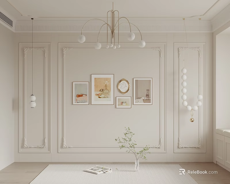Elegant Gypsum Cornice Interior Design With White Walls Art Frames And Chandelier 3d model 