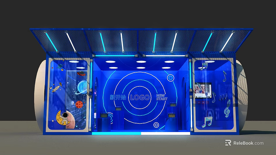 Blue Exhibition Booth Interior With Illuminated Lighting LOGO Display And Decorative Elements 3d model