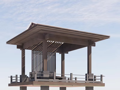 Traditional Wooden Pavilion in Garden Landscape With Roof and Railing Under Sky 3d model