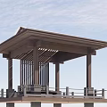 Traditional Wooden Pavilion in Garden Landscape With Roof and Railing Under Sky