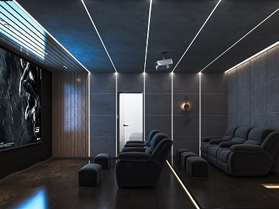 Modern Home Theater With Large Projection Screen Comfortable Reclining Sofas And Ambient Ceiling Lighting 3d model