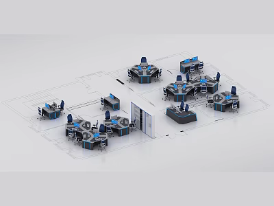 Modern Office Interior Layout With Open Workstations Desks And Blue Chairs 3d model
