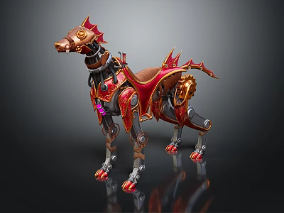 Fantasy Mechanical Dog Creature With Red Gold Armor And Robotic Features 3d model