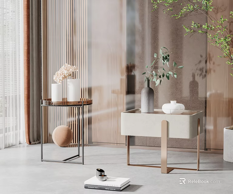 Modern Side Tables With Black Metal Frame Beige Top Gold Legs And Decorative Vases 3d model 