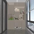Beige Pet Area With Cat Bed Tree Fish Tank And Window City View
