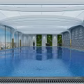 Modern Indoor Swimming Pool with Curved Ceiling Large Windows City View and Blue Water