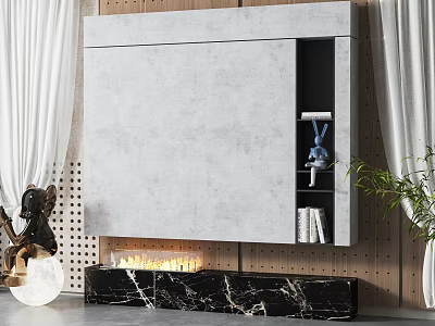 Modern Gray Background Wall With Open Storage Black Marble Countertop And LED Lights 3d model