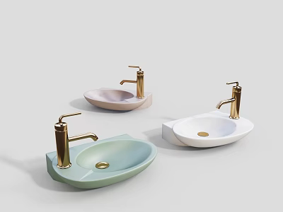 Three Modern Washbasins with Light Green Pink White Colors and Golden Faucets 3d model