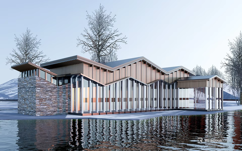 Modern Visitor Center With Wooden Structure Glass Facade Sloped Roofs And Waterfront Trees 3d model 