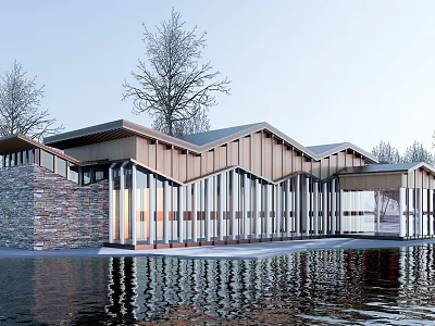 Modern Visitor Center With Wooden Structure Glass Facade Sloped Roofs And Waterfront Trees 3d model