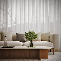 Modern Minimalist Sofa And Coffee Table Set With Beige Cushions Floor Lamp And Curtains