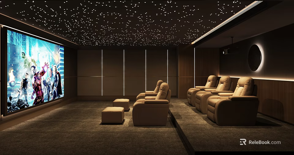 Luxurious Home Theater Interior With Starry Ceiling Large Screen And Comfortable Seating 3d model 