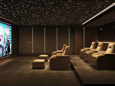 Luxurious Home Theater Interior With Starry Ceiling Large Screen And Comfortable Seating 3d model