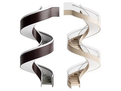 Modern Spiral Staircase Designs With Dark Brown And Light Beige Structures And Glass Railings 3d model