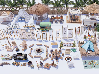 Scenic Campsite With Palm Trees Thatched Roofs Wooden Fences Fire Pit And Camping Tents 3d model