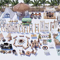 Scenic Campsite With Palm Trees Thatched Roofs Wooden Fences Fire Pit And Camping Tents