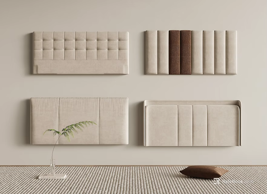 Beige Upholstered Headboards In Different Designs With Small Plant And Brown Cushion On Carpeted Floor 3d model 