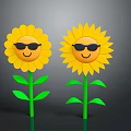 Cute Sunflower Decorative Ornament Set with Yellow Petals Green Stems and Leaves and Sunglasses