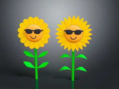 Cute Sunflower Decorative Ornament Set with Yellow Petals Green Stems and Leaves and Sunglasses 3d model