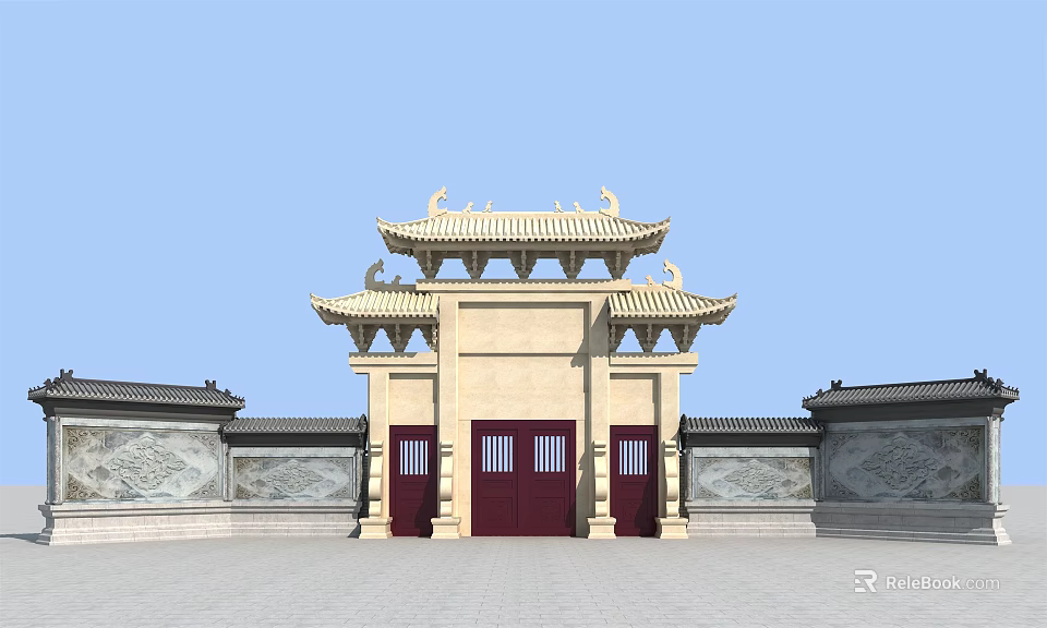 Traditional Chinese Paifang With Multi Tiered Roof Red Doors And Carved Walls 3d model 