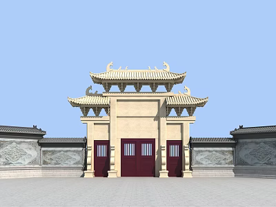 Traditional Chinese Paifang With Multi Tiered Roof Red Doors And Carved Walls 3d model