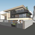 Modern Two Story Detached Villa With Large Glass Windows Balcony Railings And Surrounding Trees