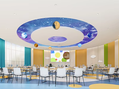 School Dining Hall With Starry Sky Ceiling Colorful Planet Decorations And Neatly Arranged Tables 3d model