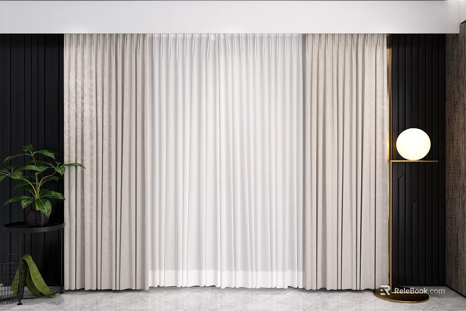 Modern Interior With Elegant Beige Curtain White Sheer Layer Dark Walls And Floor Lamp 3d model 