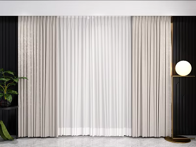 Modern Interior With Elegant Beige Curtain White Sheer Layer Dark Walls And Floor Lamp 3d model