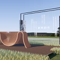Modern Pergola With Metal Frame And Curved Structure On Wooden Platform In Grassland