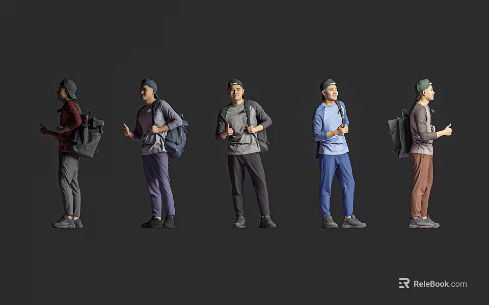 Men With Backpacks In Different Casual Outfits Showing Various Poses 3d model 