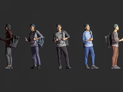Men With Backpacks In Different Casual Outfits Showing Various Poses 3d model