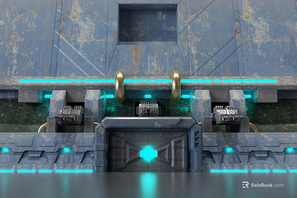 Sci Fi Cartoon Scene With Blue Metallic Walls Rusty Textures And Glowing Diamond Door 3d model 